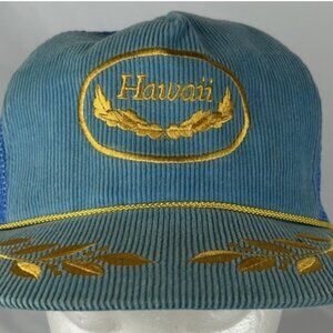 Vintage Hawaii Light Blue Corduroy Trucker Hat Cap Snapback Embroidered Gold